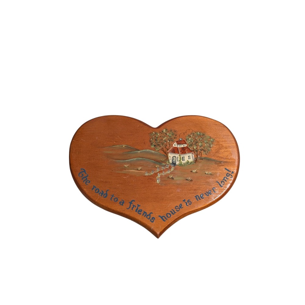 Alberta Evans Hand Painted Wood Heart Plaque Road to a Friends House Folk Art
